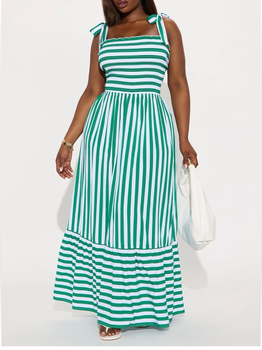 Floor length Green & White Striped Tie-Shoulder Maxi Dress